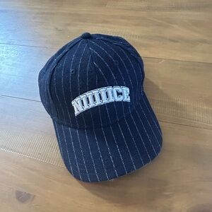 NWT Aerie Blue Pinstripe Baseball Cap with White ‘Nice’ Embroidered Logo